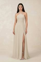 Halter Chiffon A - Line Bridesmaid Dress With Slit in Champagne - KissProm Bridesmaid Dresses