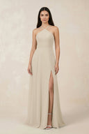 Halter Chiffon A - Line Bridesmaid Dress With Slit in Champagne - KissProm Bridesmaid Dresses