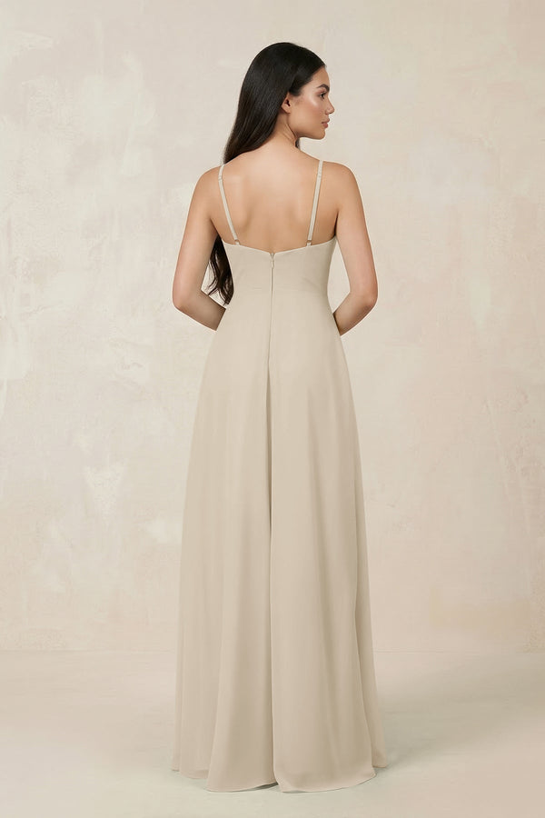 Halter Chiffon A - Line Bridesmaid Dress With Slit in Champagne - KissProm Bridesmaid Dresses