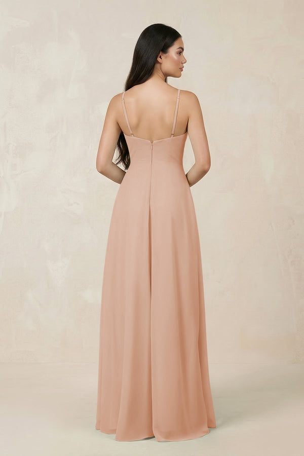 Halter Chiffon A - Line Bridesmaid Dress With Slit in Champagne Rose - KissProm Bridesmaid Dresses