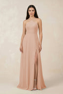 Halter Chiffon A - Line Bridesmaid Dress With Slit in Champagne Rose - KissProm Bridesmaid Dresses