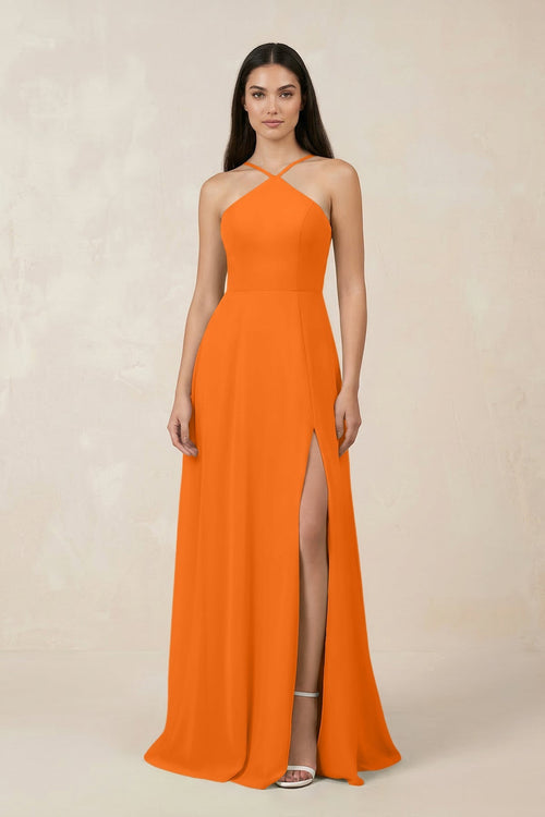 Halter Chiffon A - Line Bridesmaid Dress With Slit in Cinnamon - KissProm Bridesmaid Dresses
