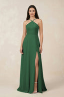 Halter Chiffon A - Line Bridesmaid Dress With Slit in Dark Green - KissProm Bridesmaid Dresses