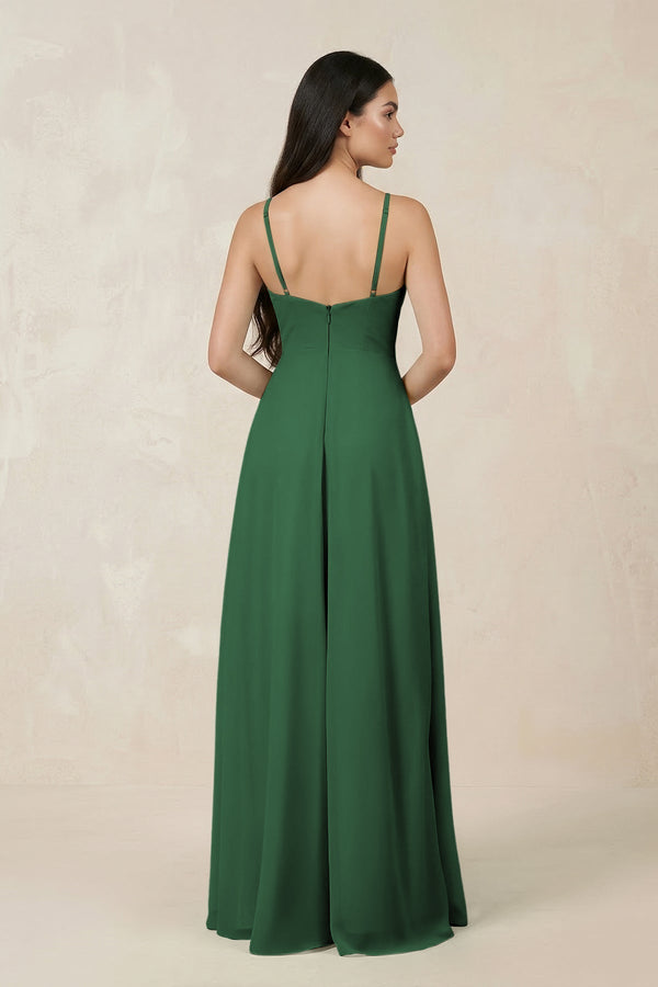 Halter Chiffon A - Line Bridesmaid Dress With Slit in Dark Green - KissProm Bridesmaid Dresses
