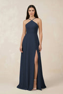 Halter Chiffon A - Line Bridesmaid Dress With Slit in Dark Navy - KissProm Bridesmaid Dresses