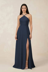 Halter Chiffon A - Line Bridesmaid Dress With Slit in Dark Navy - KissProm Bridesmaid Dresses