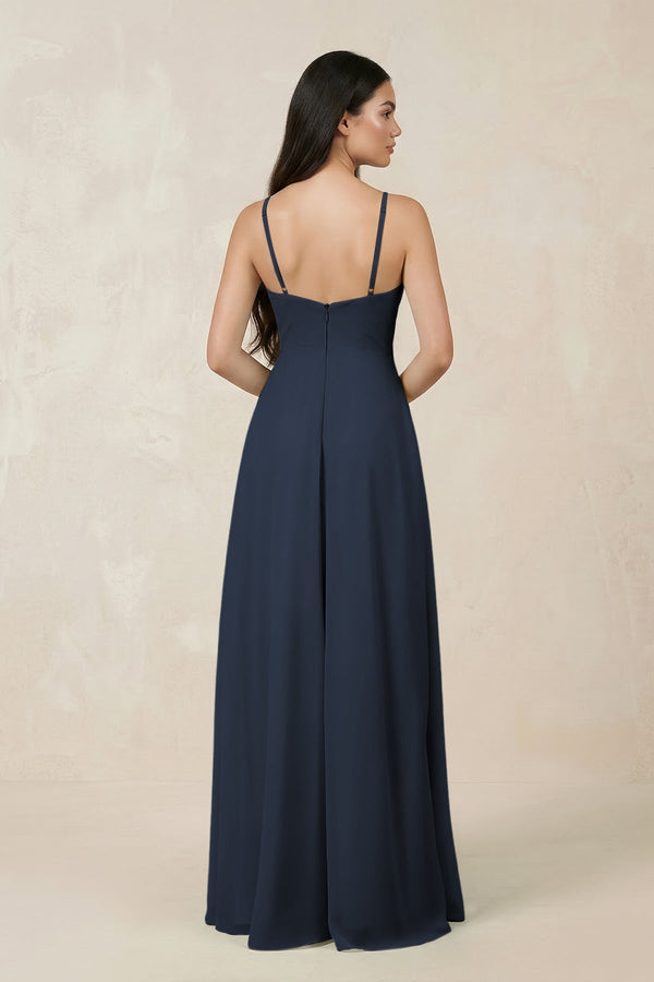 Halter Chiffon A - Line Bridesmaid Dress With Slit in Dark Navy - KissProm Bridesmaid Dresses