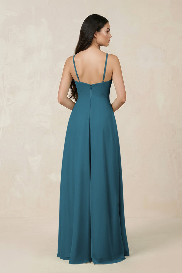 Halter Chiffon A - Line Bridesmaid Dress With Slit in Dark Teal - KissProm Bridesmaid Dresses