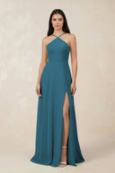 Halter Chiffon A - Line Bridesmaid Dress With Slit in Dark Teal - KissProm Bridesmaid Dresses