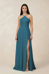 Halter Chiffon A - Line Bridesmaid Dress With Slit in Dark Teal - KissProm Bridesmaid Dresses