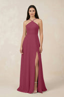 Halter Chiffon A - Line Bridesmaid Dress With Slit in Desert Rose - KissProm Bridesmaid Dresses