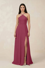 Halter Chiffon A - Line Bridesmaid Dress With Slit in Desert Rose - KissProm Bridesmaid Dresses