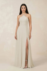Halter Chiffon A - Line Bridesmaid Dress With Slit in Dove Gray - KissProm Bridesmaid Dresses