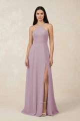 Halter Chiffon A - Line Bridesmaid Dress With Slit in Dusk - KissProm Bridesmaid Dresses