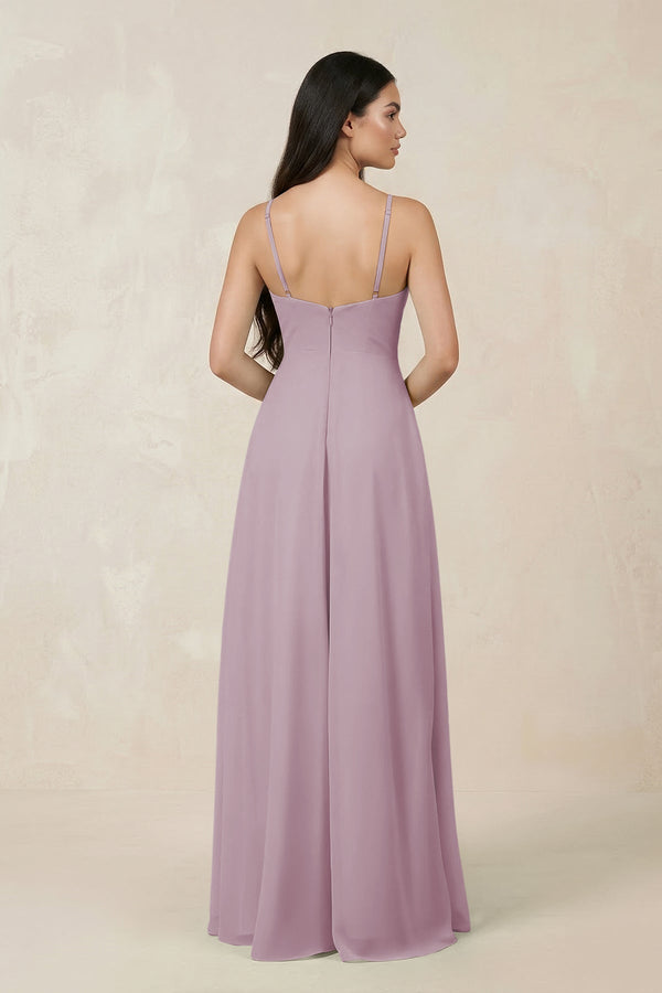 Halter Chiffon A - Line Bridesmaid Dress With Slit in Dusk - KissProm Bridesmaid Dresses