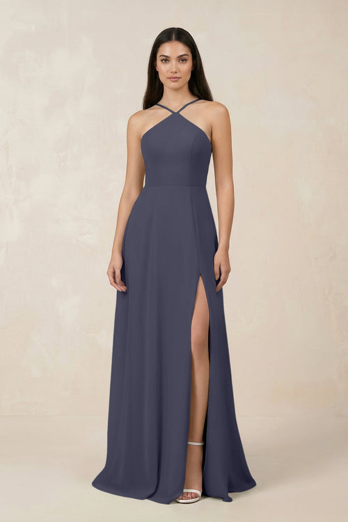 Halter Chiffon A - Line Bridesmaid Dress With Slit in Dusk Blue - KissProm Bridesmaid Dresses