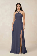 Halter Chiffon A - Line Bridesmaid Dress With Slit in Dusk Blue - KissProm Bridesmaid Dresses