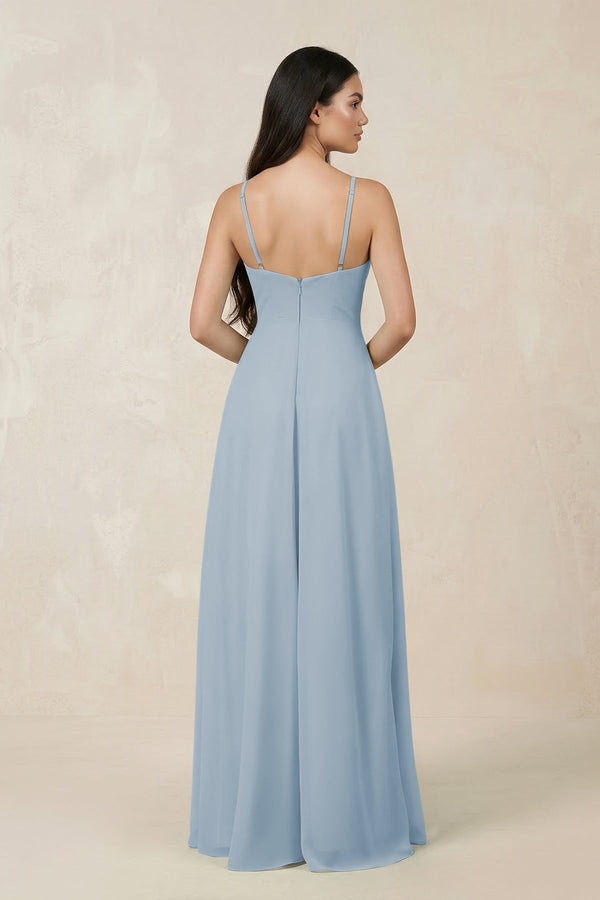 Halter Chiffon A - Line Bridesmaid Dress With Slit in Dusty Blue - KissProm Bridesmaid Dresses