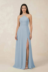 Halter Chiffon A - Line Bridesmaid Dress With Slit in Dusty Blue - KissProm Bridesmaid Dresses