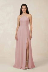 Halter Chiffon A - Line Bridesmaid Dress With Slit in Dusty Rose - KissProm Bridesmaid Dresses