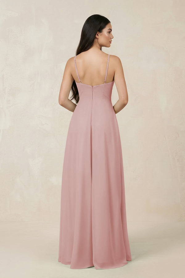 Halter Chiffon A - Line Bridesmaid Dress With Slit in Dusty Rose - KissProm Bridesmaid Dresses