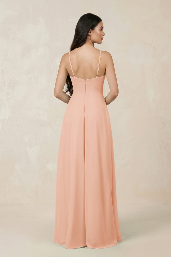 Halter Chiffon A - Line Bridesmaid Dress With Slit in English Rose - KissProm Bridesmaid Dresses