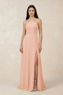 Halter Chiffon A - Line Bridesmaid Dress With Slit in English Rose - KissProm Bridesmaid Dresses