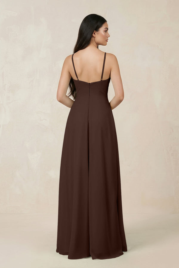 Halter Chiffon A - Line Bridesmaid Dress With Slit in Espresso - KissProm Bridesmaid Dresses