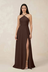 Halter Chiffon A - Line Bridesmaid Dress With Slit in Espresso - KissProm Bridesmaid Dresses