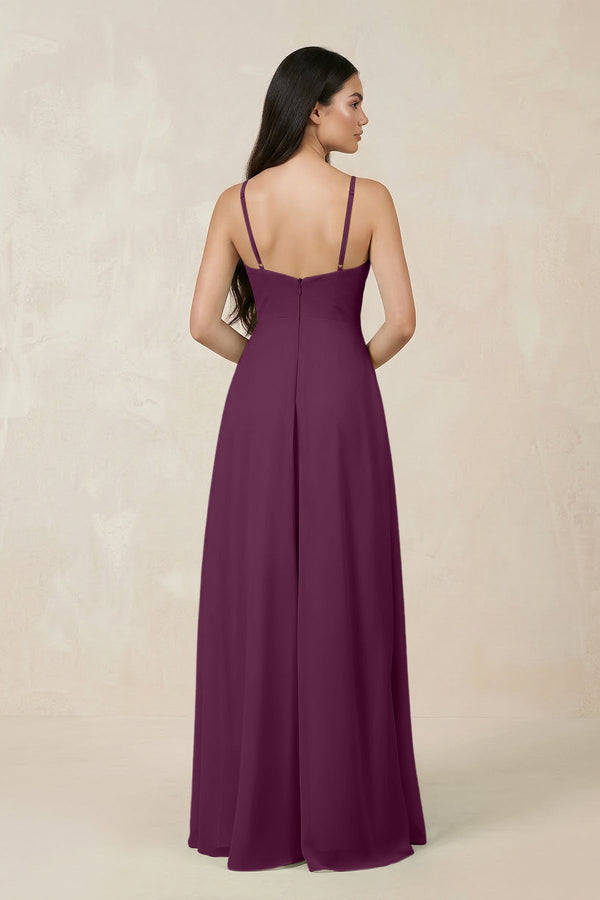 Halter Chiffon A - Line Bridesmaid Dress With Slit in Fig - KissProm Bridesmaid Dresses