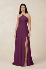 Halter Chiffon A - Line Bridesmaid Dress With Slit in Fig - KissProm Bridesmaid Dresses