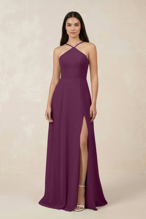 Halter Chiffon A - Line Bridesmaid Dress With Slit in Fig - KissProm Bridesmaid Dresses