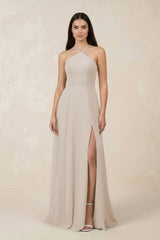 Halter Chiffon A - Line Bridesmaid Dress With Slit in Frost - KissProm Bridesmaid Dresses