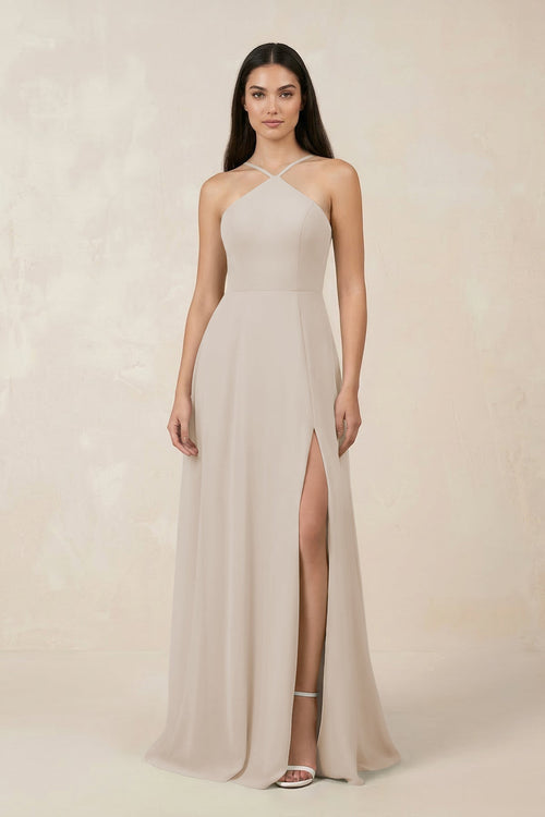Halter Chiffon A - Line Bridesmaid Dress With Slit in Frost - KissProm Bridesmaid Dresses