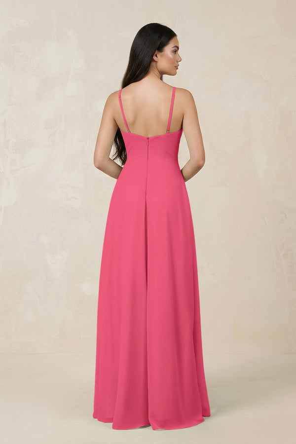 Halter Chiffon A - Line Bridesmaid Dress With Slit in Fuchsia - KissProm Bridesmaid Dresses
