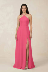 Halter Chiffon A - Line Bridesmaid Dress With Slit in Fuchsia - KissProm Bridesmaid Dresses