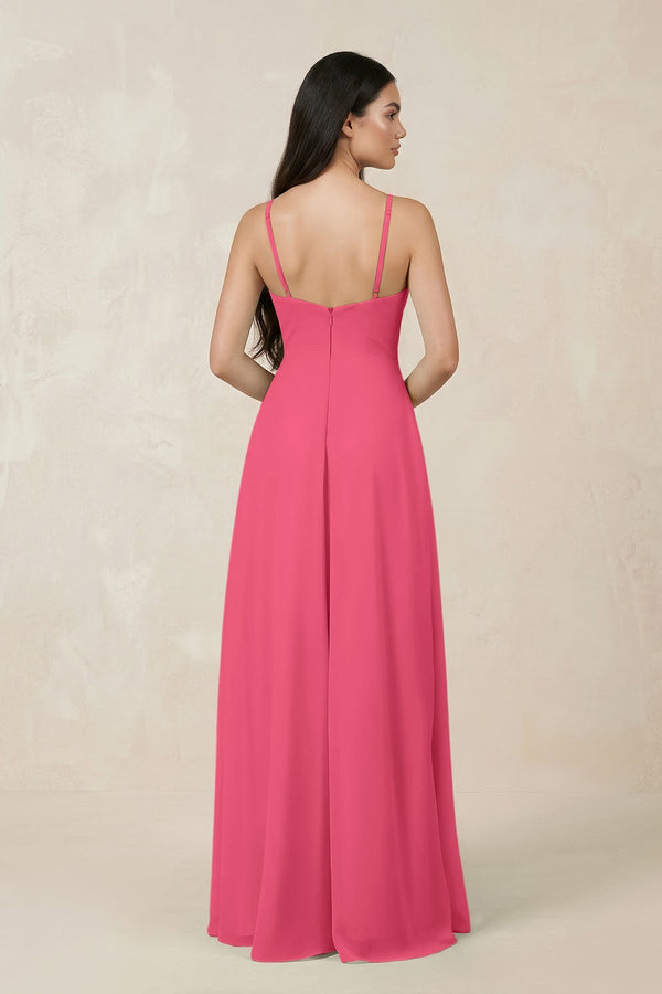 Halter Chiffon A - Line Bridesmaid Dress With Slit in Fuchsia - KissProm Bridesmaid Dresses