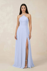 Halter Chiffon A - Line Bridesmaid Dress With Slit in Ice - KissProm Bridesmaid Dresses