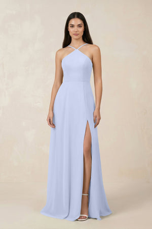 Halter Chiffon A - Line Bridesmaid Dress With Slit in Ice - KissProm Bridesmaid Dresses
