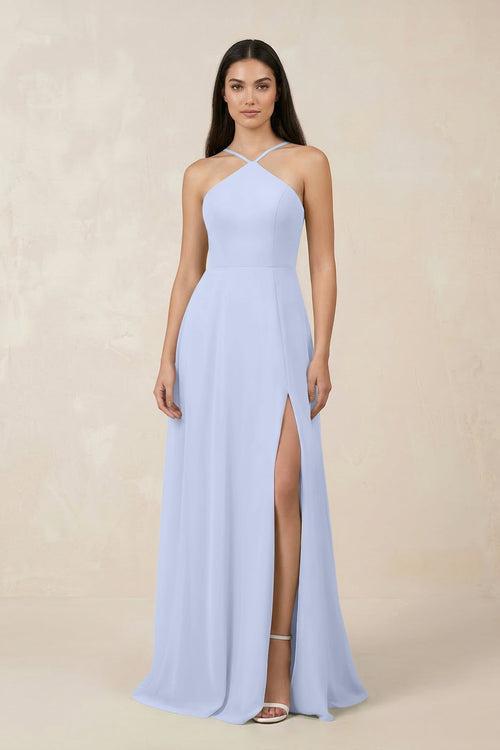 Halter Chiffon A - Line Bridesmaid Dress With Slit in Ice - KissProm Bridesmaid Dresses