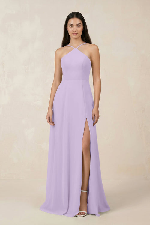 Halter Chiffon A - Line Bridesmaid Dress With Slit in Lavender - KissProm Bridesmaid Dresses