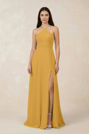 Halter Chiffon A - Line Bridesmaid Dress With Slit in Marigold - KissProm Bridesmaid Dresses