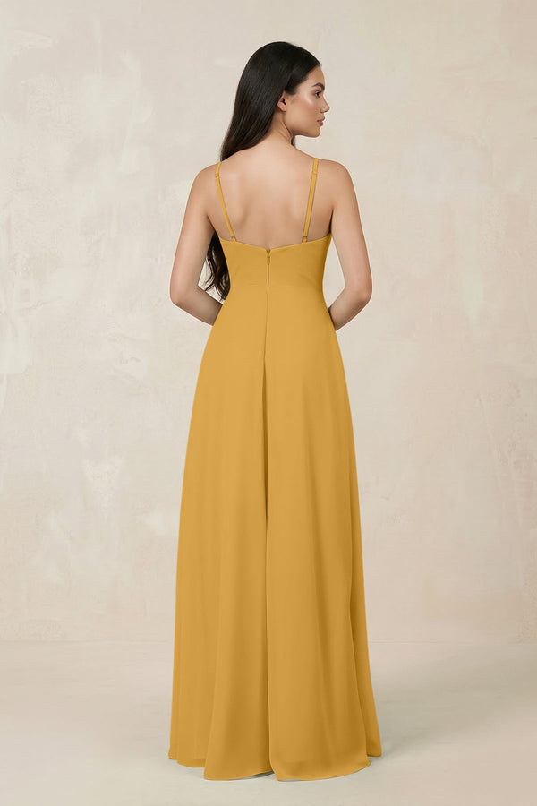Halter Chiffon A - Line Bridesmaid Dress With Slit in Marigold - KissProm Bridesmaid Dresses