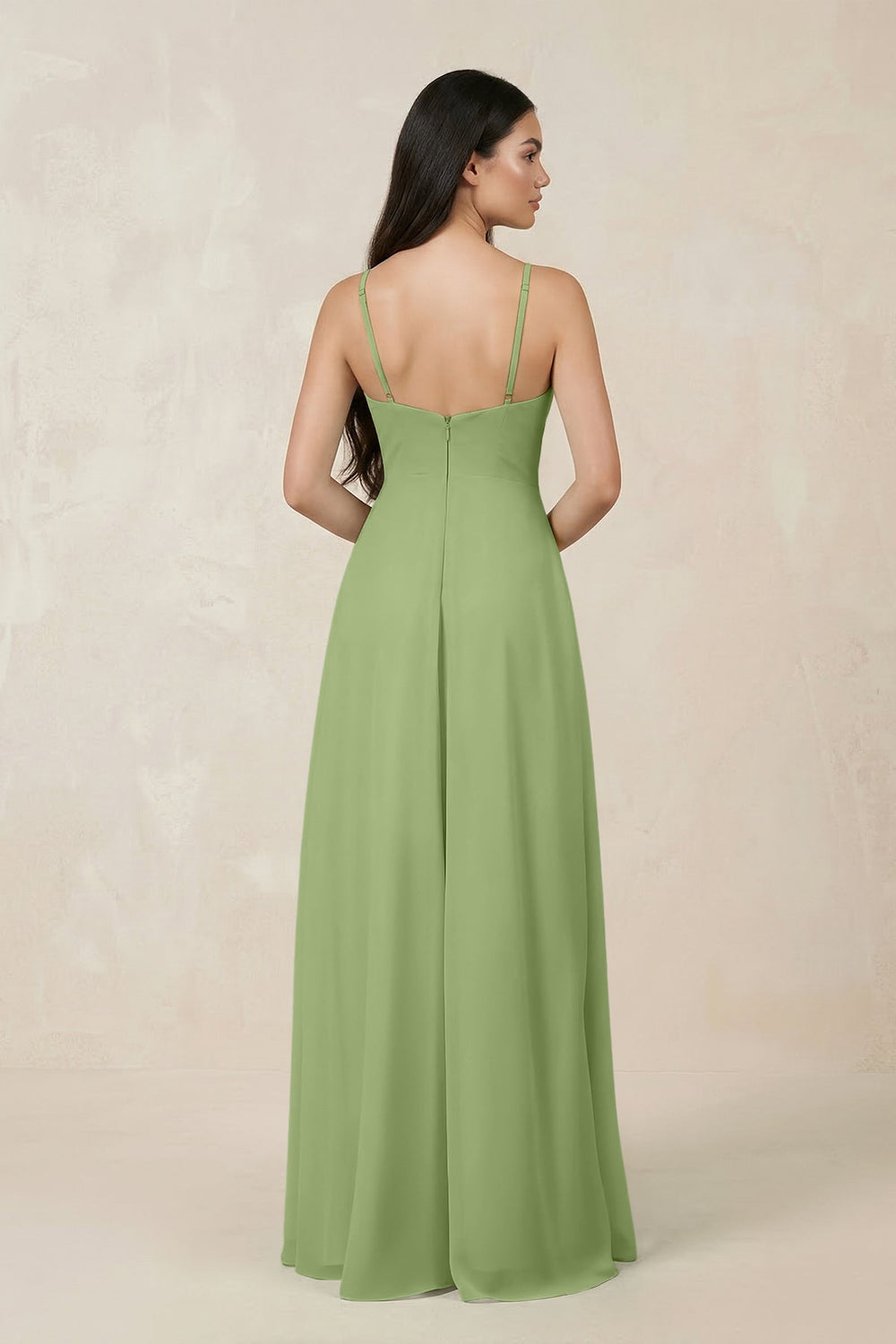 Halter Chiffon A - Line Bridesmaid Dress With Slit in Matcha - KissProm Bridesmaid Dresses