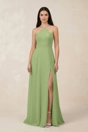 Halter Chiffon A - Line Bridesmaid Dress With Slit in Matcha - KissProm Bridesmaid Dresses