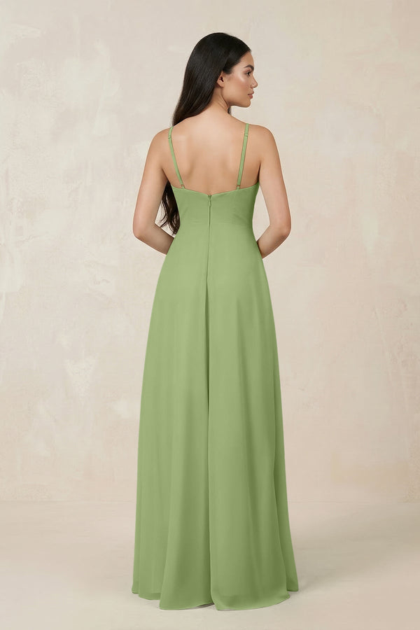 Halter Chiffon A - Line Bridesmaid Dress With Slit in Matcha - KissProm Bridesmaid Dresses