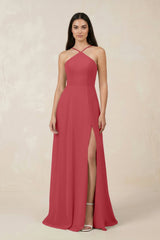 Halter Chiffon A - Line Bridesmaid Dress With Slit in Merlot - KissProm Bridesmaid Dresses