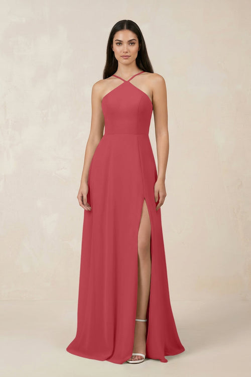 Halter Chiffon A - Line Bridesmaid Dress With Slit in Merlot - KissProm Bridesmaid Dresses