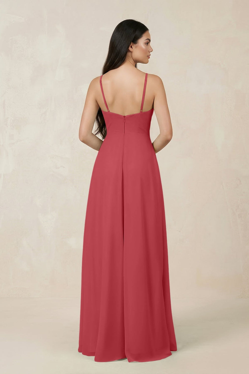 Halter Chiffon A - Line Bridesmaid Dress With Slit in Merlot - KissProm Bridesmaid Dresses