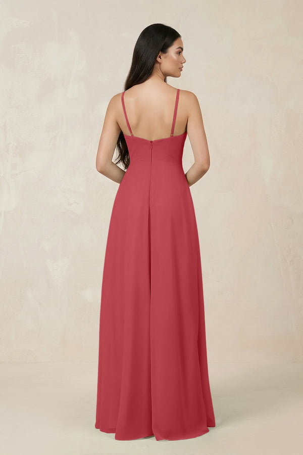 Halter Chiffon A - Line Bridesmaid Dress With Slit in Merlot - KissProm Bridesmaid Dresses